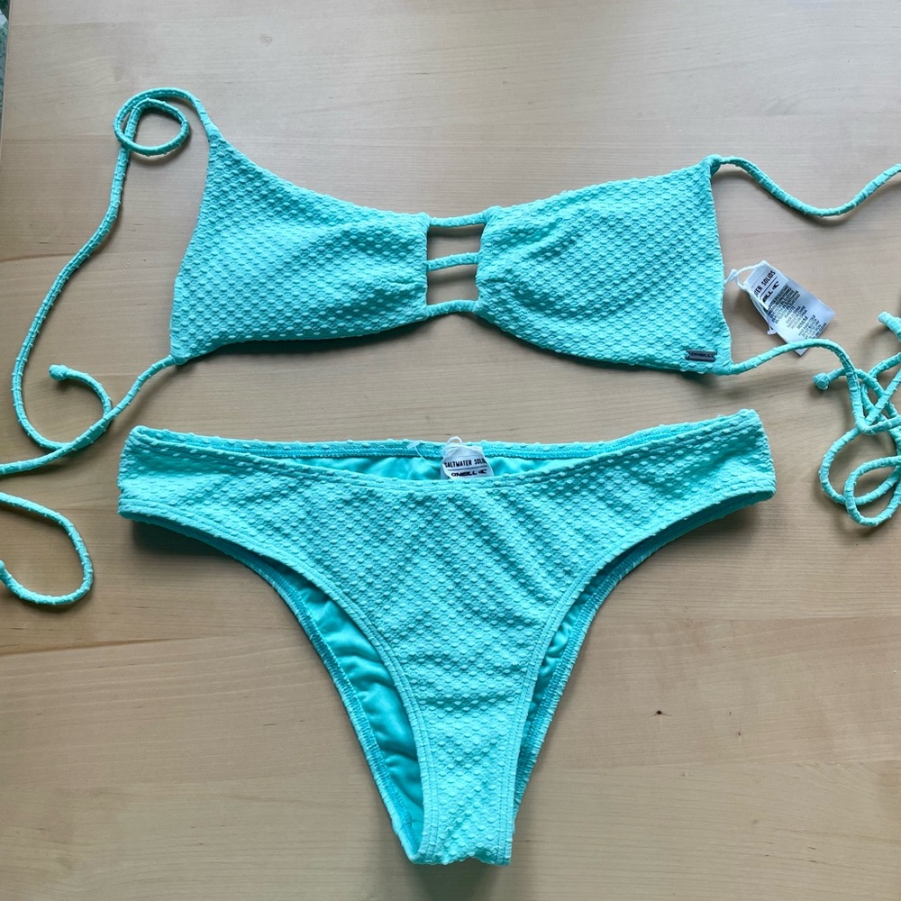 O'Neill Saltwater Solids Turquoise Textured Cheeky Bikini Set NWOT Medium